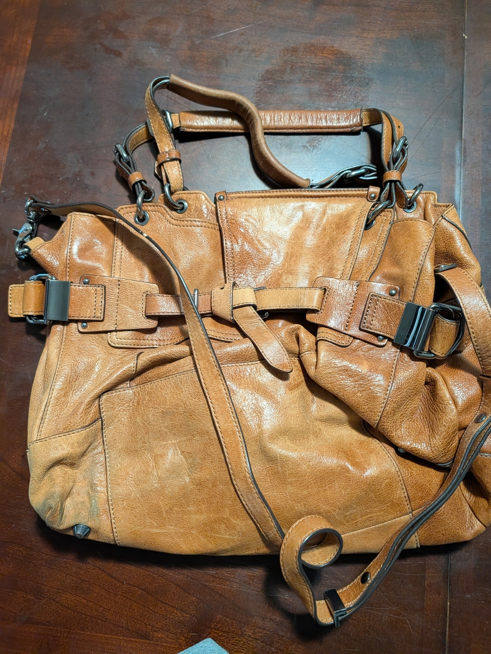 Leather Bucket Tote Bag in Tan